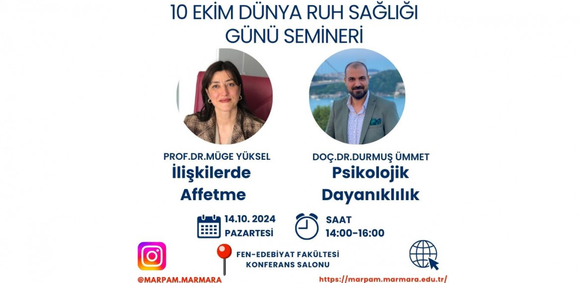 Müge Hoca ve Durmuş hocanın profil fotoğrafları ve seminerde sırasıyla paylaşacakları konular İlişkilerde Affetme ve Psikolojik Dayanıklılık